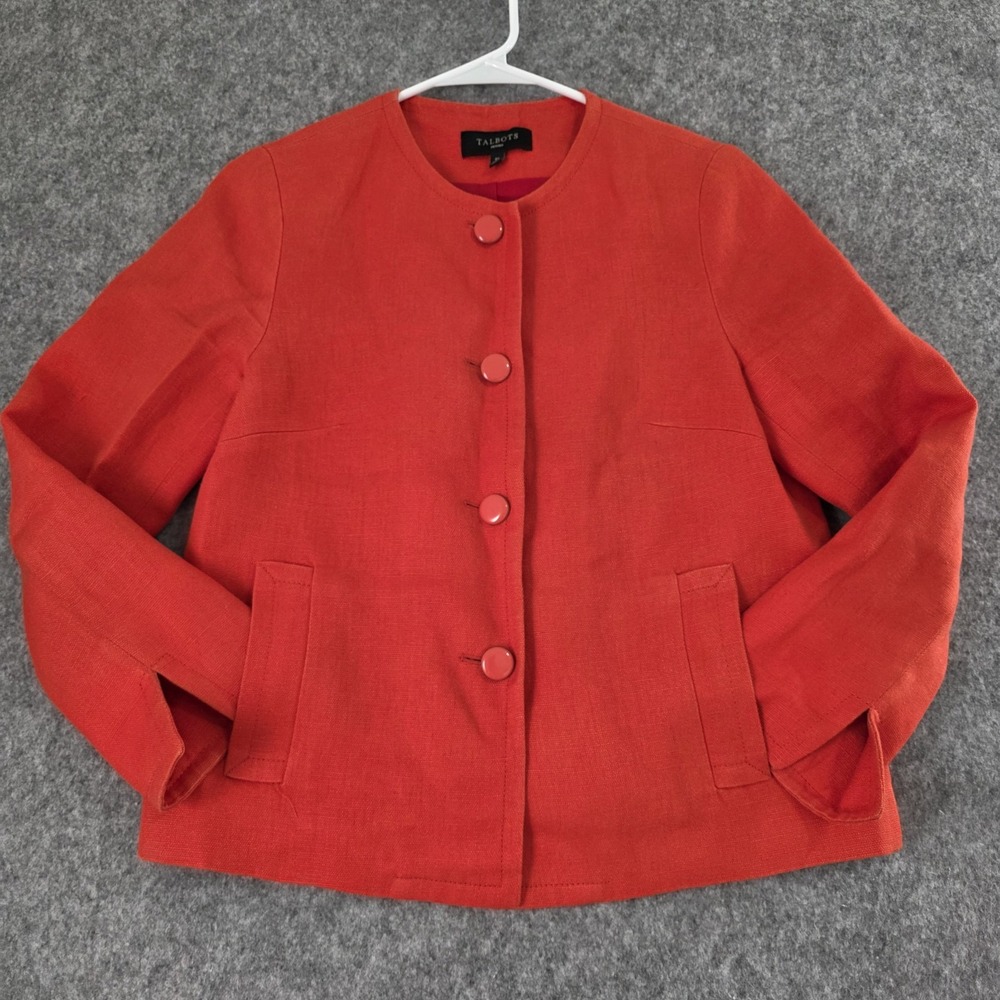 Talbots Linen Jackie Fit Blazer Orange Red Jacket Big Button Textured Petites 6P